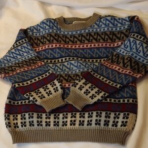 Vintage Benetton Geometric Pattern Crew Sweater - Blue, Red, Brown - Size EU 52